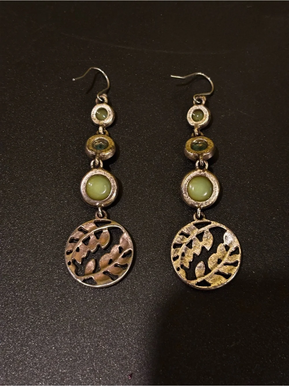 Green and Amber Drop Earrings with Leaf Medallion
